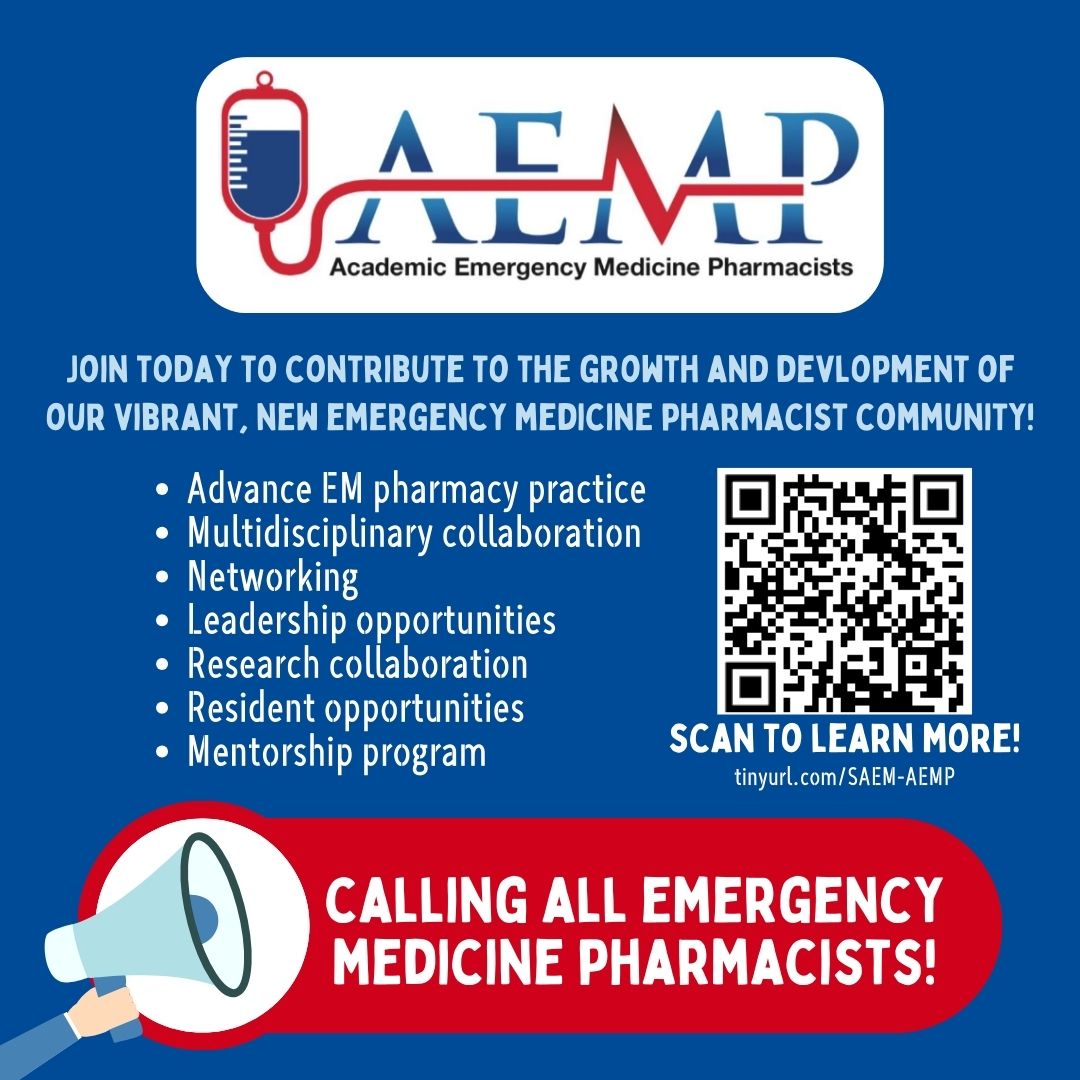 📢Calling all EM Pharmacists!  

🎯Join us in our journey with SAEM to advance EM pharmacy practice! 

🆓 Access to the AEMP community ends today! 

⚡️Use the QR code to learn more about AEMP + become an official member! 

#AEMP #SAEM #EMRx #TwitterRx
<a href="/MeganARech/">Megan Rech, PharmD, MS</a> <a href="/tflack8/">tflack</a>