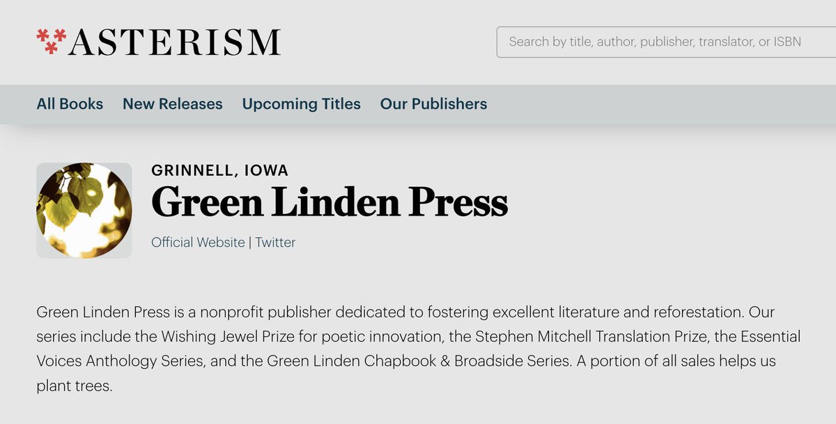 Delighted to say that our titles are now distributed by @asterism_books! I want to thank them for opening their arms (and warehouse!) after the closure of Small Press Distribution. asterismbooks.com/publisher/gree…