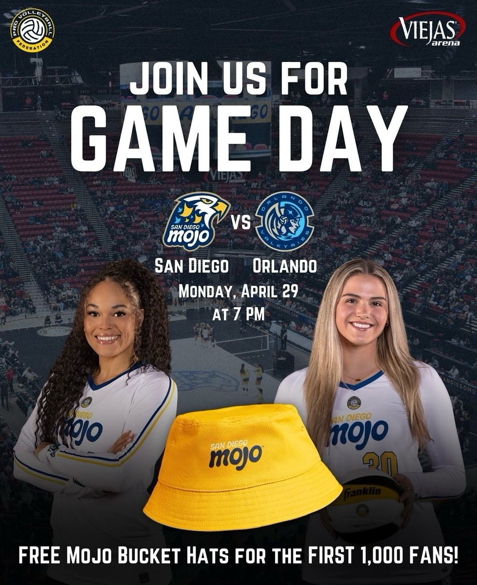 Home Sweet Home! 🏠

Arrive EARLY as the FIRST 1,000 fans will receive a FREE Mojo Bucket Hat! 🤩💛 

🗓️: TOMORROW, April 29
🆚: @orlvalkyries 
⏱️: 7 PM PDT
🏠: @viejasarena 
📺: youtube.com/@realprovb
🎟️: ProVolleyball.com/MojoTix

#SanDiegoMojo #WeAreMojo #MojoNation #LFGSD