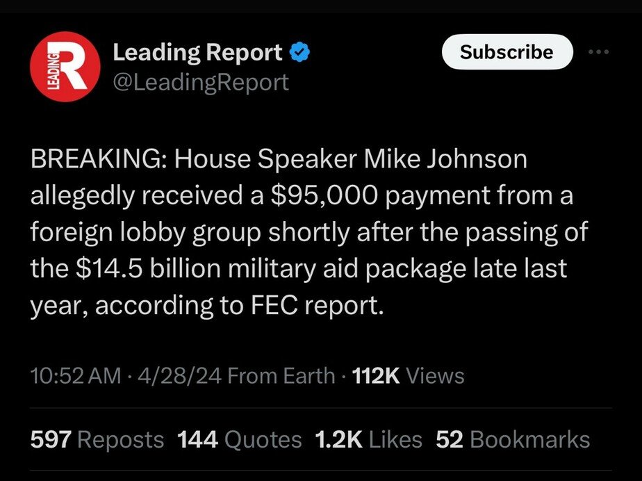 🚨BREAKING NEWS🚨 America is the land of legal bribes Speaker Mike Johnson received a 95,000 dollar bribe from a foreign lobby group shortly after passing of the 14.5 billion dollar military aid package late last year according to FEC report what is your response ?