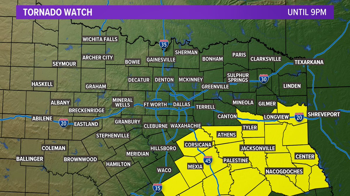 Good afternoon, everyone. Most of North Texas will remain quiet the rest of the day. Areas to the southeast of the metroplex will have the risk for severe weather again. A tornado watch has been issued for Henderson and Navarro Counties until 9 PM. #wfaaweather