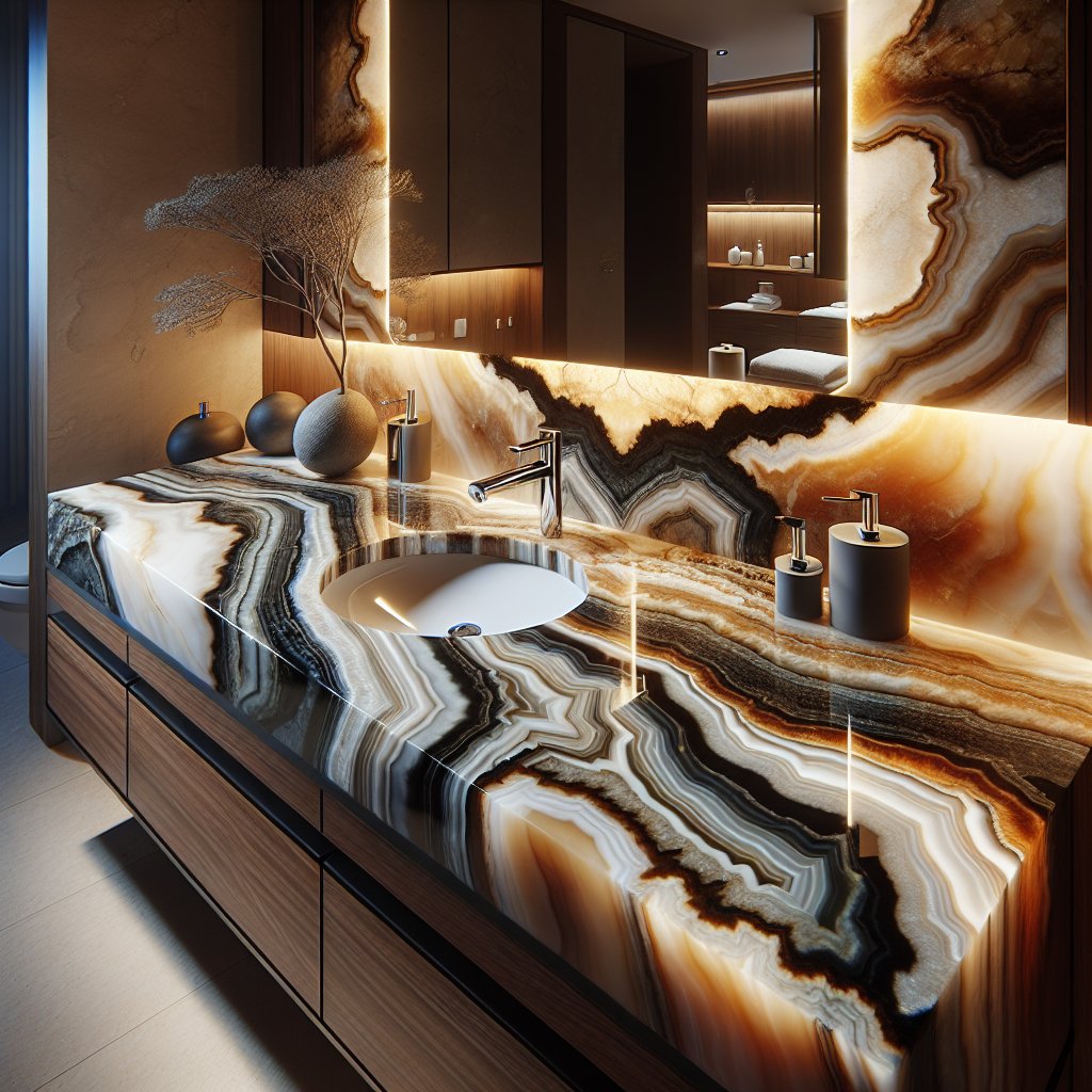 Experience unparalleled luxury with our onyx bathroom countertops making each moment an escape into elegance. #OnyxBathroom #DreamBathroom 🌟🛁✨
