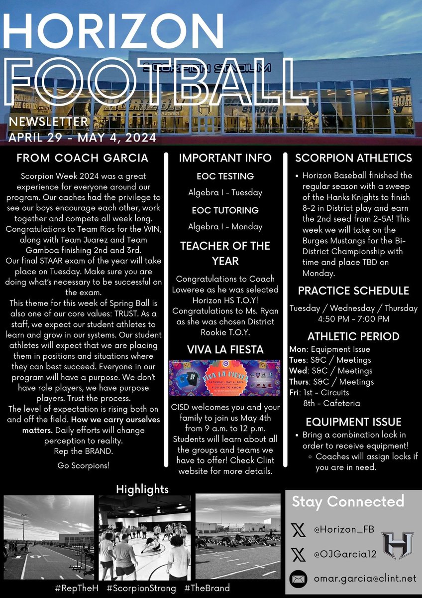 Football Program Newsletter, Week of April 29 - May 4, 2024.
#RepTheH
#ScorpionStrong 
#TheBrand