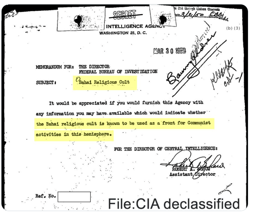 CIA classification of the Bahais as a cult and espionage risk during the cold war.