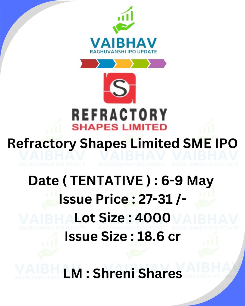 Refractory Shapes Limited SME IPO Date : 6-9 May Issue Price : 27-31 /- Lot Size : 4000 Issue Size : 18.6 cr LM : Shreni Shares #ipo #smeipo