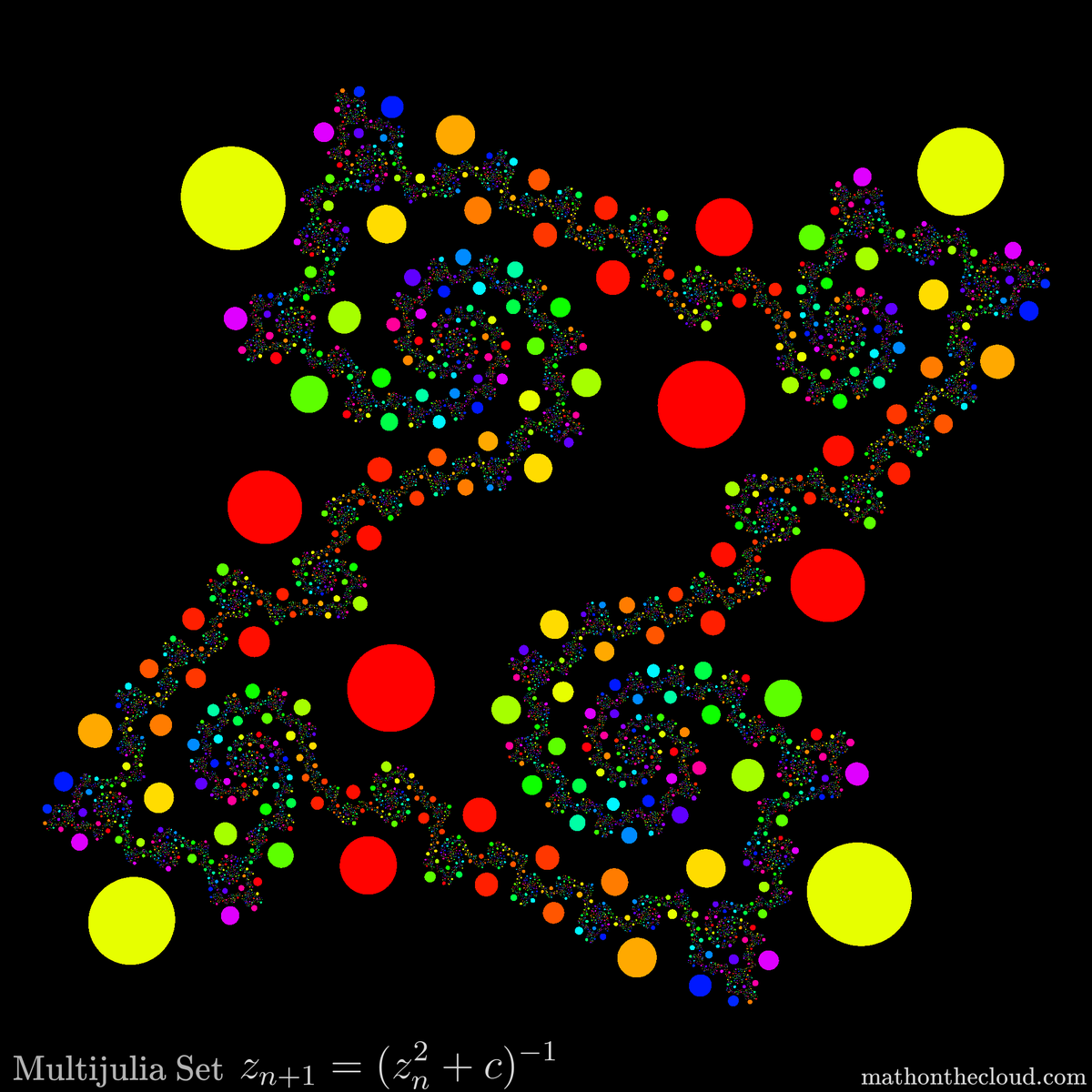 Math is beautiful! Discover how simple equations can craft a world of wonderful shapes and colors with Math on the Cloud!

Image created with our Julia/Multijulia set plotting tool at mathonthecloud.com/fractal/julia !

#fractal #fractalart #cool #art #design #cgi #colors