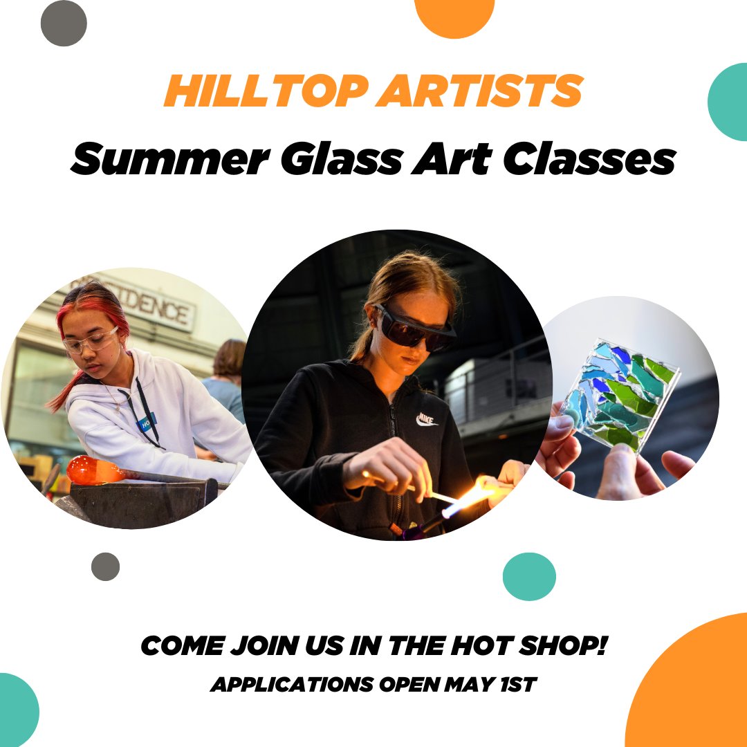 Are you a student interested in learning about glass arts, making your own cool pieces and meeting new people?⁠ Come join us in the hot shop at Hilltop Artists for Summer Glass Art classes! 🌞 Applications open May 1st. More info and application at—hilltopartists.org/summer/