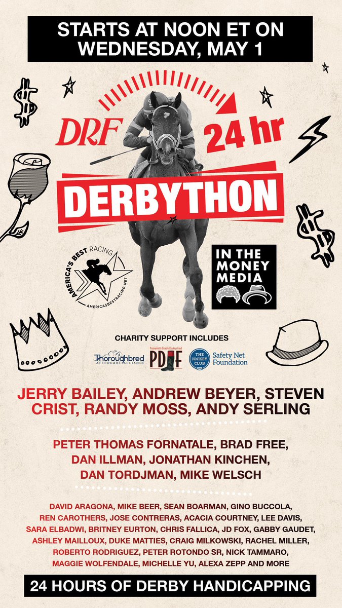 Get ready for #KentuckyDerby with 24 hours of handicapping on Derbython presented by @DailyRacingForm, @InTheMoneyMedia and ABR! Yes, you read that right- 24 hours!! Starting on Wednesday, May 1st at 12 ET. Get the details & view the guest list: promos.drf.com/derbython