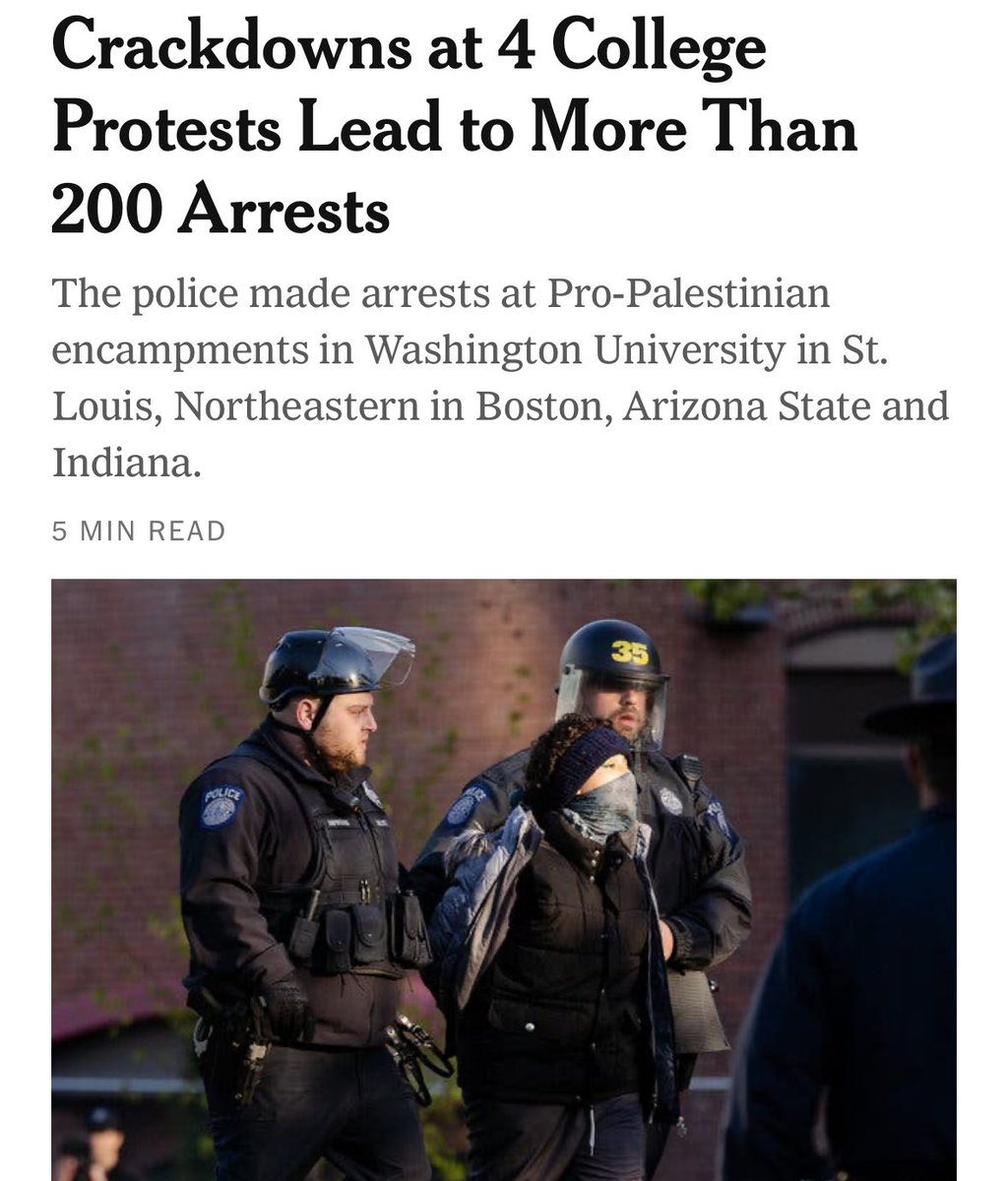 BREAKING: Police crackdowns this weekend targeting peaceful students protesting Israel's mass civilian slaughter in Gaza have pushed the arrest total nationwide to more than 1,000. This is a flagrant violation of free speech by universities with ties to Israel's war machine. ⤵️