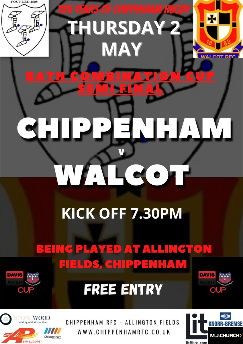 We go again on Thursday!!

Its the @BathCombination Cup Semi-Final, sponsored by Davis Access

@ChippenhamRFC v @walcotrugby 
7.30pm KO

At Allington Fields

#RoadToTheRec
