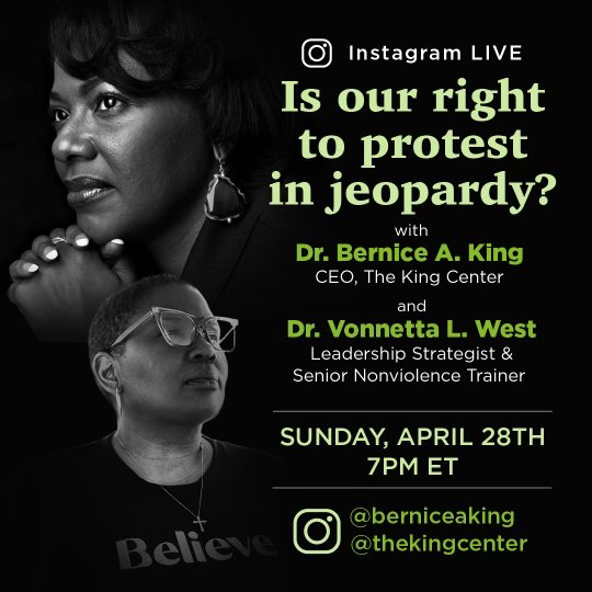 Tonight at 7pm ET on #IGLive, join me for a crucial discussion about the state of protest in America, the right to protest, and the urgent issues driving activism today. Inspired by the words of my father, Dr. #MartinLutherKingJr, who said, “Somewhere I read that the greatness of