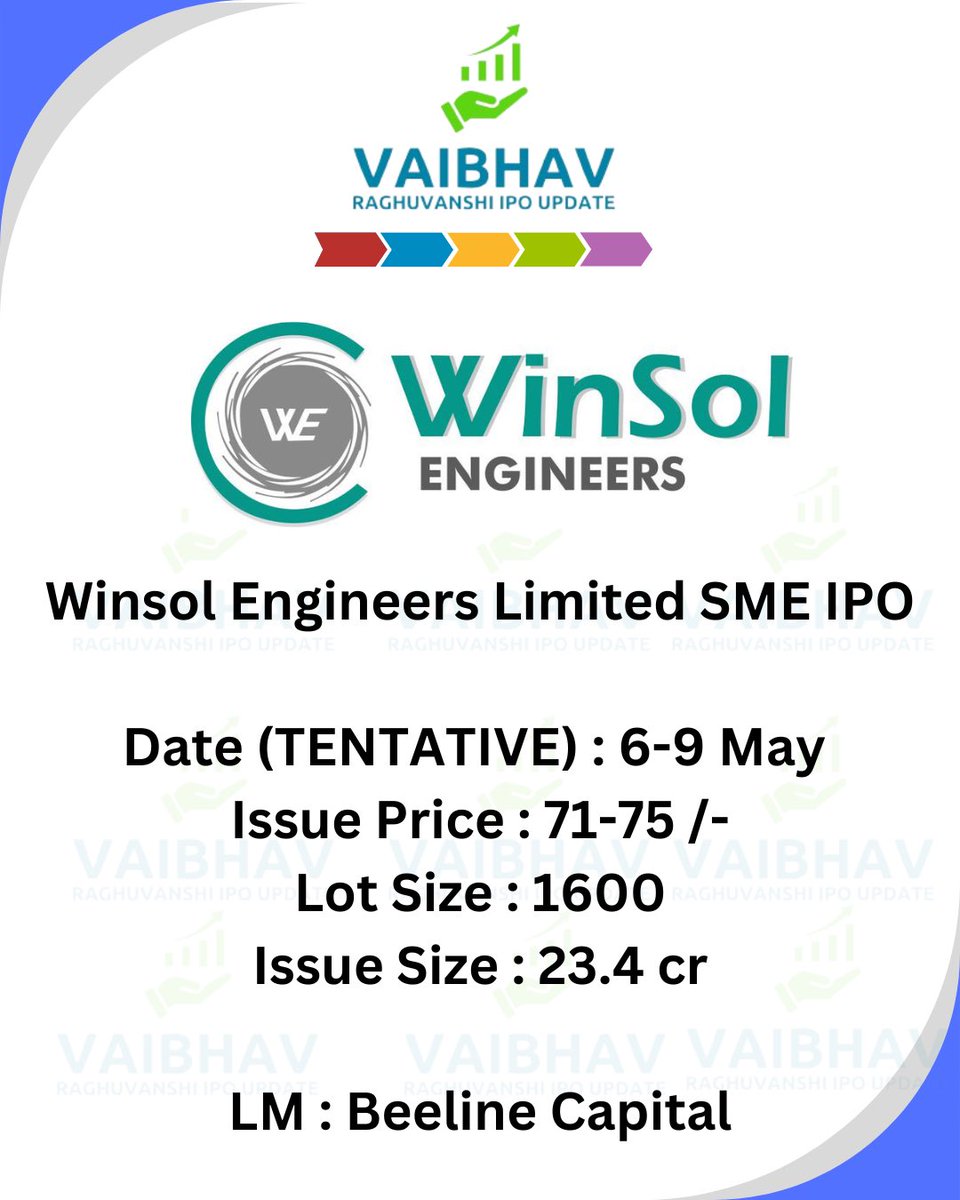 Winsol Engineers Limited SME IPO Date (TENTATIVE) : 6-9 May Issue Price : 71-75 /- Lot Size : 1600 Issue Size : 23.4 cr LM : Beeline Capital #ipo