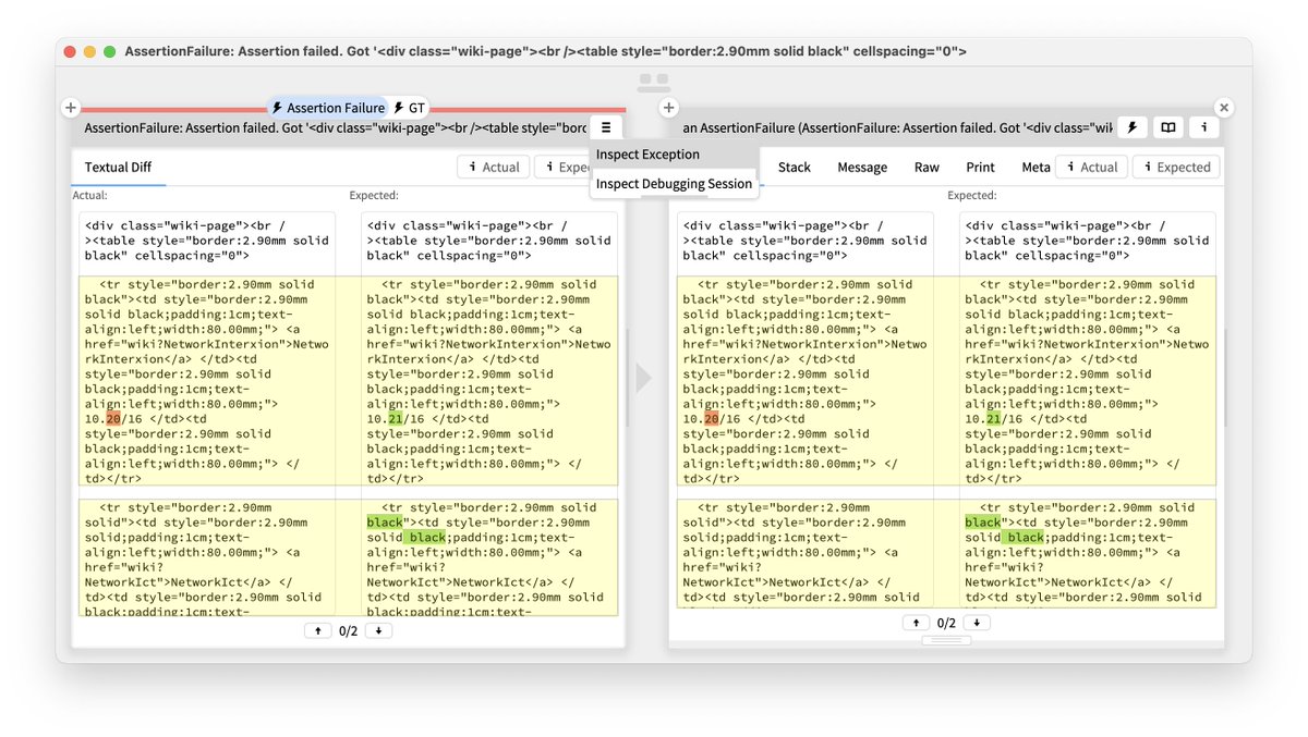 But the most interesting bit is how the custom debugger is defined: through an inspector extension of the exception. Here, we see the same view both in the debugger and in the inspector of the exception. #MoldableDevelopment 3/