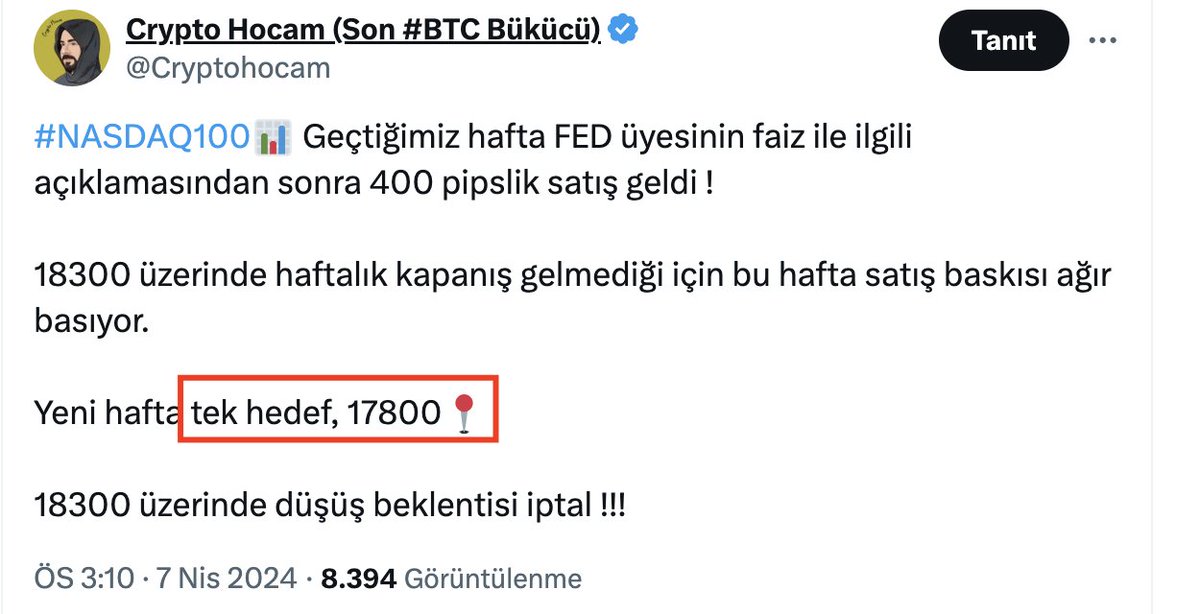 #NASDAQ100📊 herkesin yeni zirveler beklediği dönemde tek hedef vermiştim👀

17800...

Ve geçtiğimiz hafta belirttiğim noktaya kadar satış geldi🙌

Perşembe ve Cuma gelen büyük satıştan sonra Tesla bilançosuyla beraber düzeltme hareketi geldi ama 18000 altında satış baskısı devam…