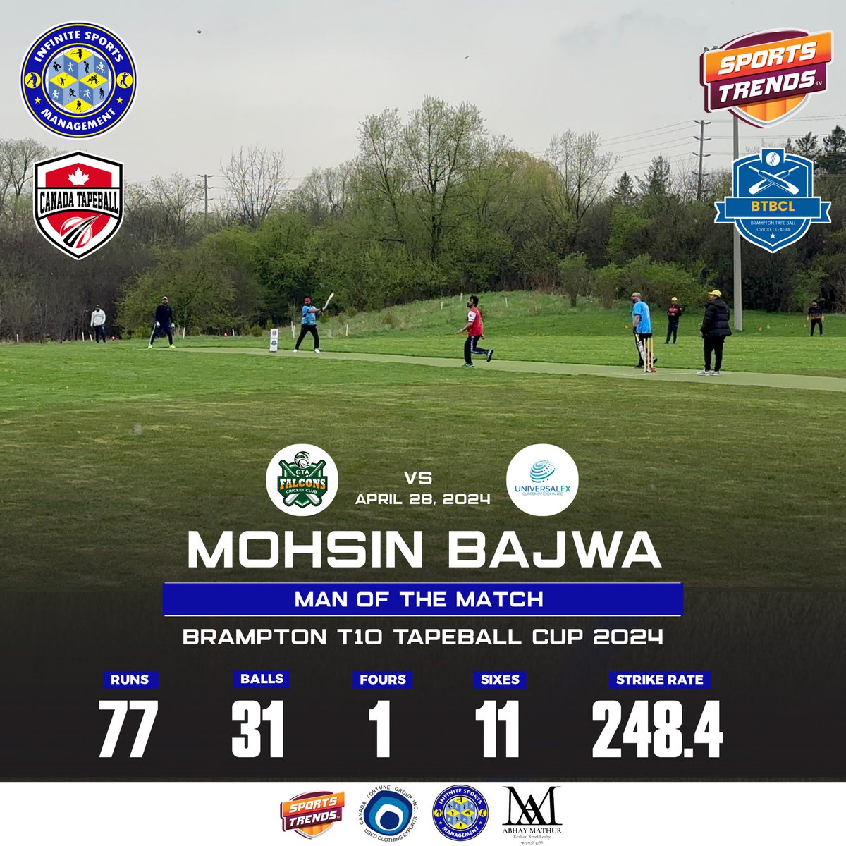 Mohsin Bajwa - Man Of The Match in Canada Fortune - Brampton T10 TapeBall Cricket Cup 2024  🏆

#Cricket #BramptonT10TapeBallCricketCup #CanadaCricket #T10 #Tapeball #Brampton #SportsTrendsCan #SportsTrendsCanada