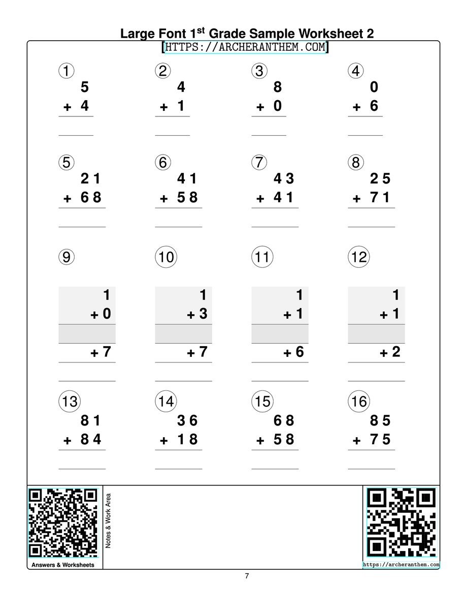 Large Print 1st Grade Sample Worksheet 2 - Addition [ARCHERANTHEM.COM]. Designed  for Children With Low Vision. Explore More! Scan the QR Code for Additional Samples and Answer Keys.  archeranthem.com/workbooks/larg…

#visualimpairment #sightloss #largeprint #lowvision