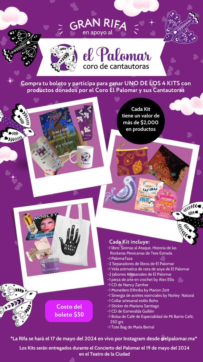 Estamos juntando dinero para financiar nuestro concierto en el teatro de la ciudad. ¿Nos ayudas comprando un boleto para esta rifa? 🙏🏾<a href="/elpalomarmx/">El Palomar</a>