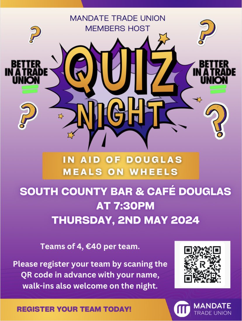 Coming up this week as part of #betterinatradeunion week. Quiz night in Cork in aid of Douglas Meals on Wheels. Details below… #respectatwork