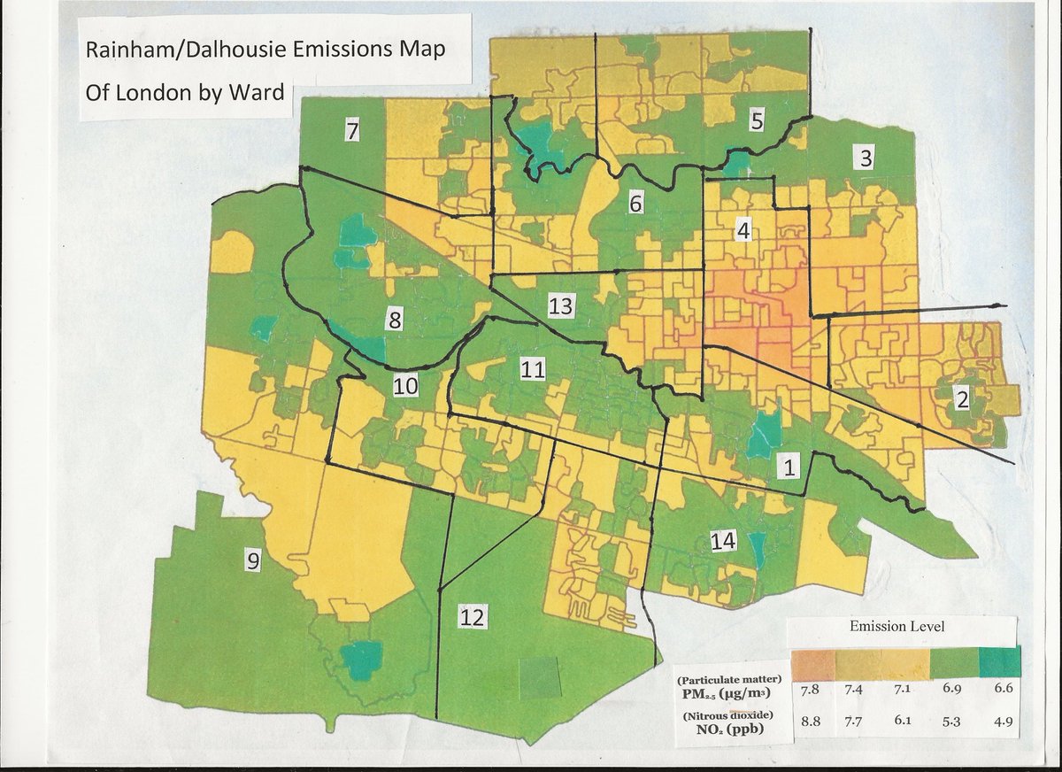 Emissions Map of London Ontario (Background about this map is explained in the article at sciencedirect.com/science/articl… and thanks to Angus Johnson of Greenspace Alliance for adding the #LdnOnt ward boundaries)