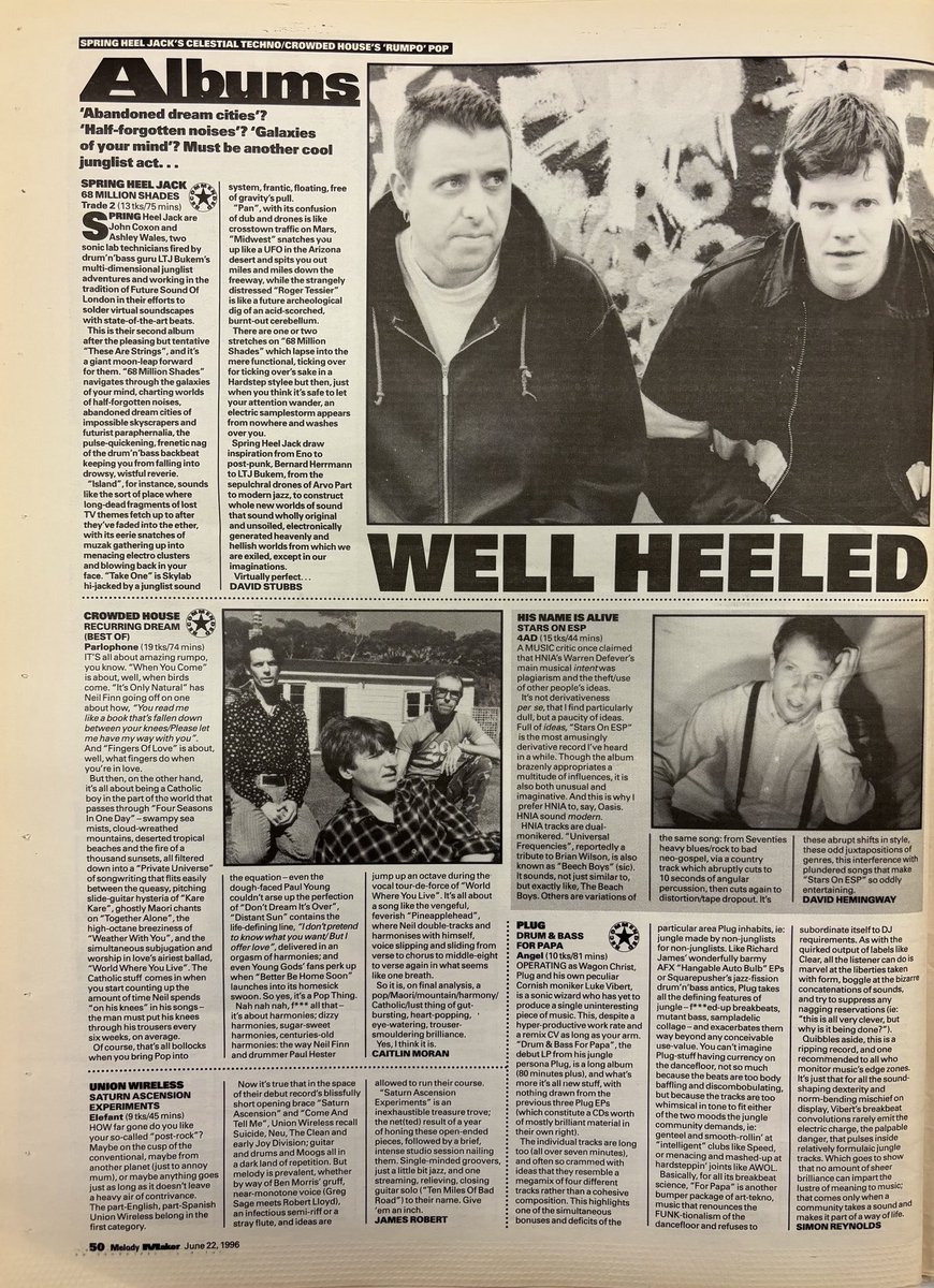 Albums! Springheel Jack! Crowded House! Plug! Union Wireless! His Name is Alive! Melody Maker, 22 June 1996. #MelodyMaker #MyLifeInTheUKMusicPress #1996