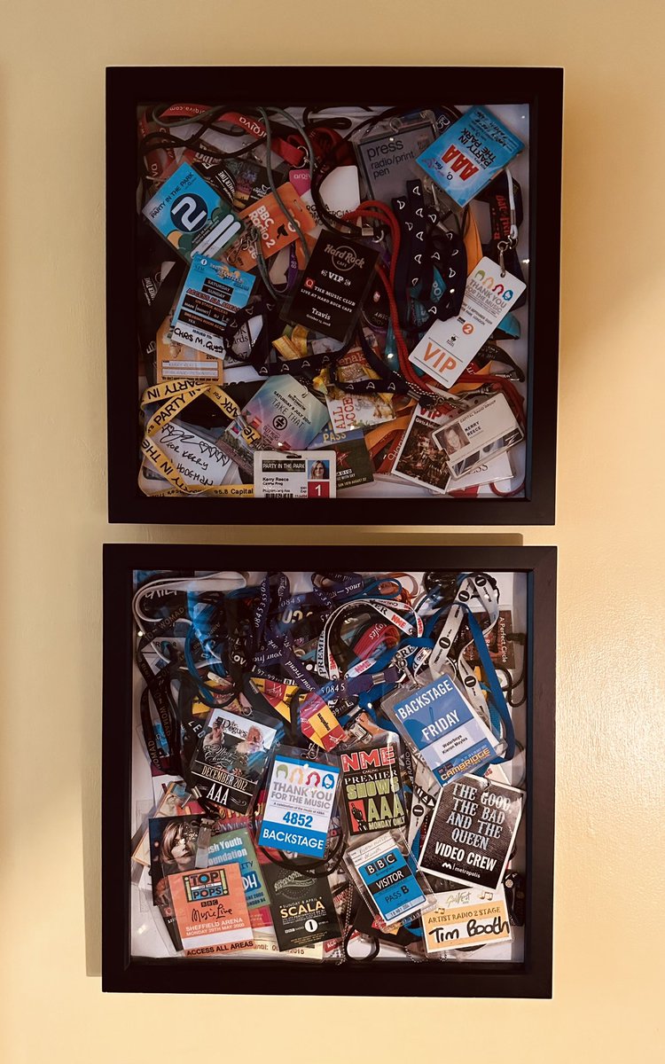 Very pleased with my efforts today to tidy up all our old backstage passes. Two deep box frames from Hobbycraft later…