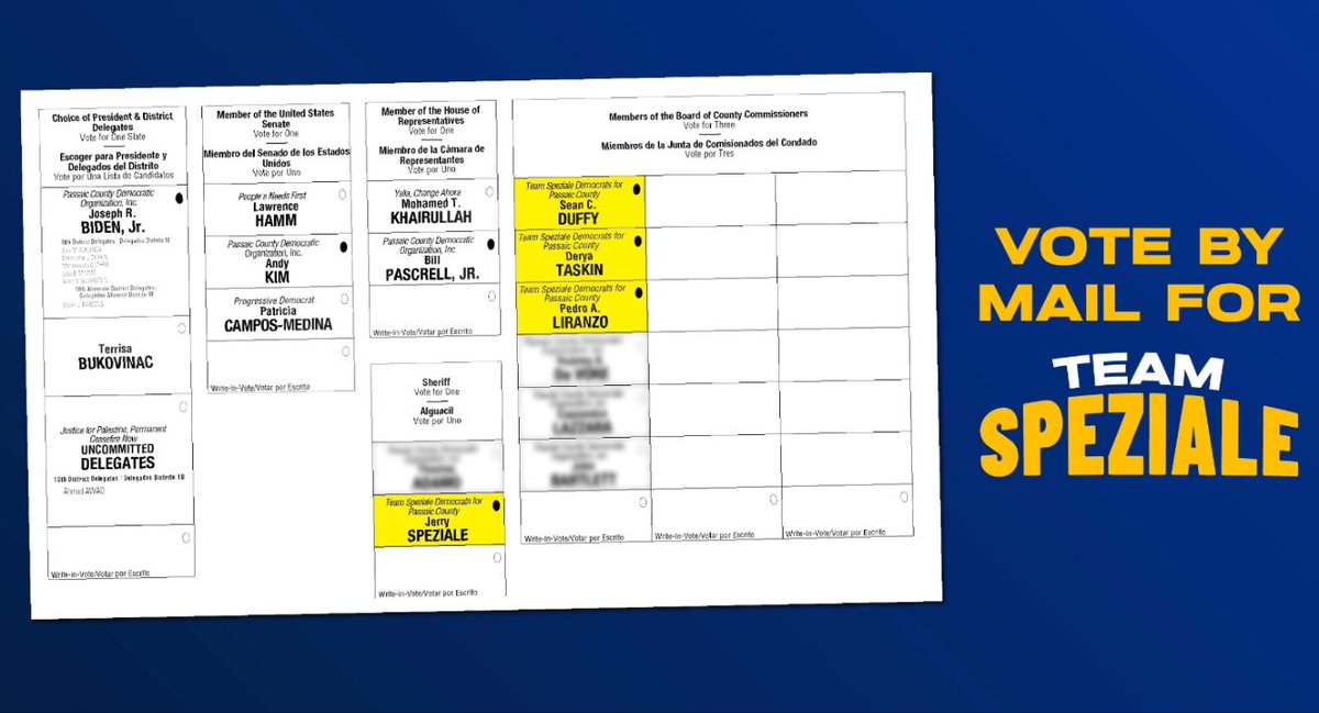 Vote for Jerry, Derya, Sean, and Pedro by mail! Your ballot is due by election day, June 4th. Get yours in as soon as you can! See below for a sample ballot! #TeamSpeziale #SpezialeforSheriff #PassaicCounty