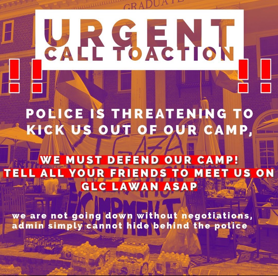 The Gaza Liberation Encampment at VT is calling for an emergency rally to defend the encampment ASAP!!