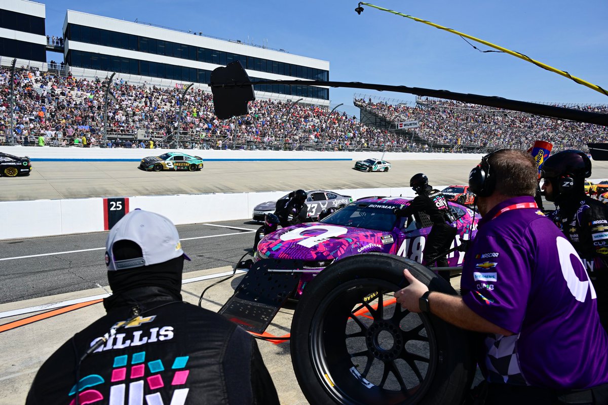 The #Ally48 completes its scheduled green flag stop for four tires and fuel. #NASCAR