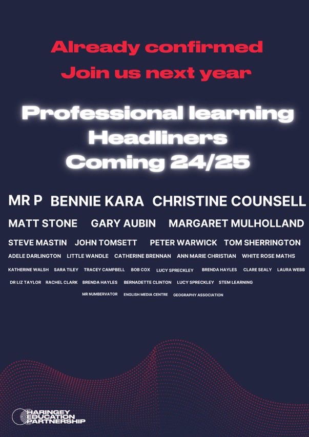 Planning our CPD program for 24-25 already here are just some headliners.Its a festival of educational insight ⁦@HaringeyEduc⁩ ⁦@tes⁩ ⁦@SchoolsWeek⁩ ⁦@FerryLaneN17⁩ ⁦@LshipMatters⁩ ⁦@MattTeachCoach⁩