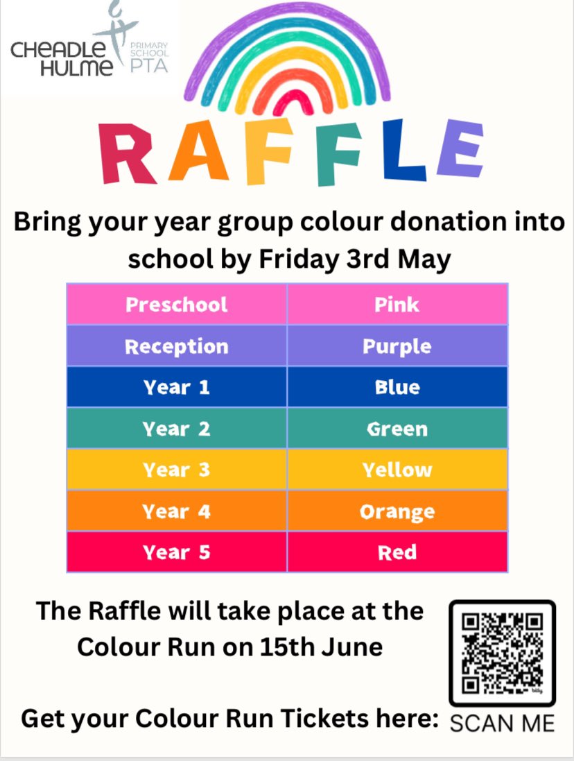 Remember to bring in your donations for the Rainbow Raffle this week please! 

And get your colour run tickets here: 

pta-events.co.uk/chpspta 🌈🌈🌈