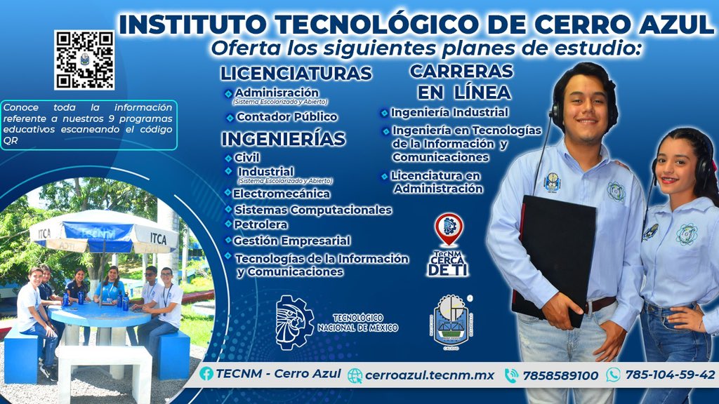 TecNM_MX's tweet photo. #TecNMCercaDeTi
Conoce la oferta académica que el #TecNM - Cerro Azul tiene para ti, y forma parte de su #ComunidadTecNM.

Convocatoria 👉 https://t.co/mdf0wXVXPd

#ConvocatoriaTecNM
#CarrerasUniversitarias
#Convocatorias2024
#EstudiosSuperiores
#TodosSomosTecNM
#SomosTecNM https://t.co/7ea2i3fz92