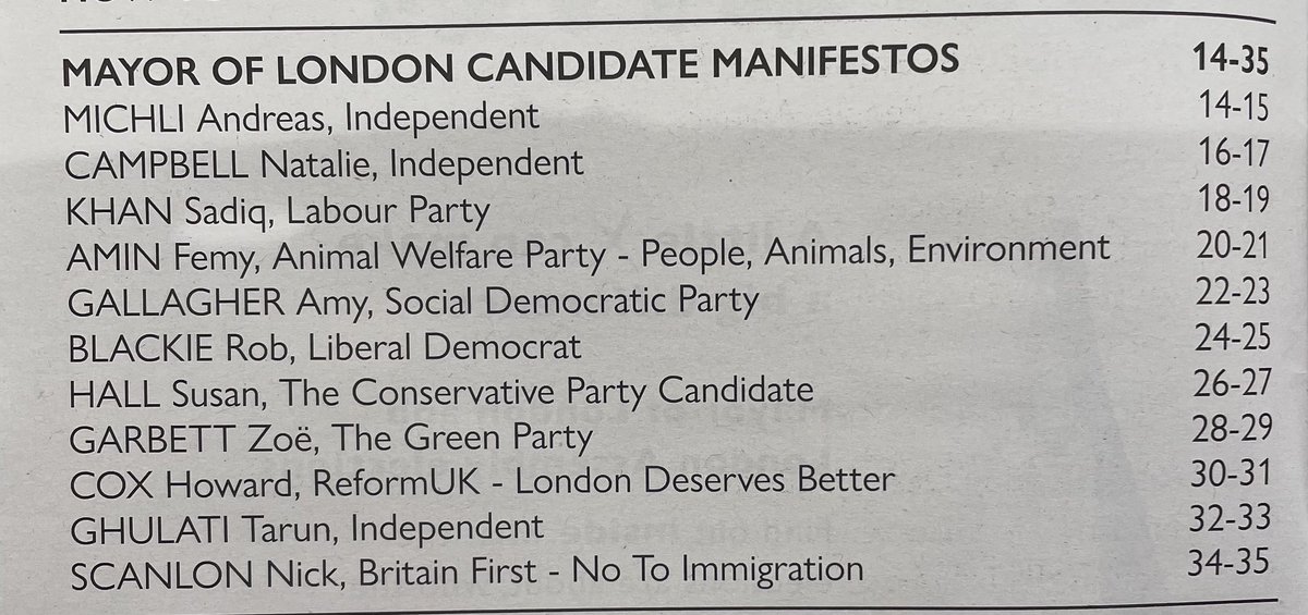 I have received a booklet with the candidates for Mayor of London. I shall here rate the design of the 2-page manifestos they have provided: