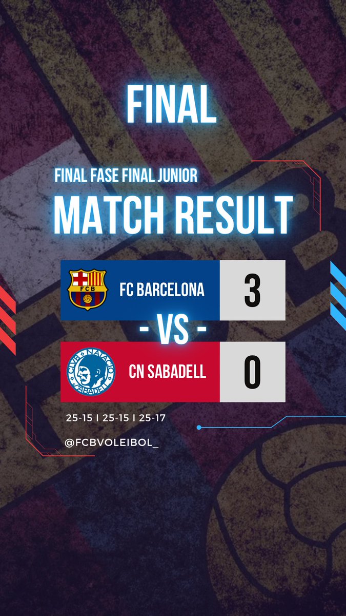 🅵🅰🆂🅴 🅵🅸🅽🅰🅻 🅲🅴 🅹🆄🅽🅸🅾🆁

🔵𝙑𝙊𝙇𝙀𝙄𝘽𝙊𝙇 𝙁𝙊𝙍𝙈𝘼𝙏𝙄𝙐🔴

FINAL

3️⃣ @fcbvoleibol_
0️⃣ @CNSvolei 

#fasefinal #mesqueunclub #volleyball #forçabarça #voleicatalà #lamasia