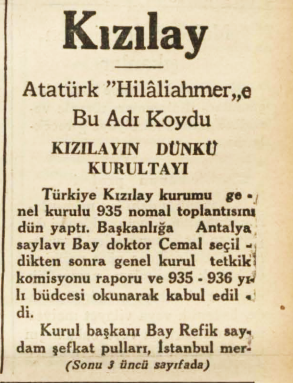 #TarihteBugün 📅 89 Yıl Önce...
Gazi Mustafa Kemal Atatürk, Hilâliahmer'e 'Kızılay' adını verdi. (28 Nisan 1935)

Bu değişiklik Kızılay Kurultayı'nda alkışlarla kabul edilmiştir.

29 Nisan 1935 Tarihli Ulus Gazetesi. 📰