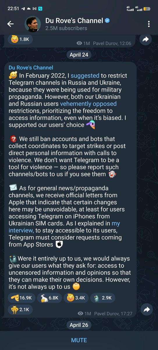 Як і обіцяв Дуров, Telegram заблокував офіційні українські боти для передачі даних Силам оборони. Водночас було частково заблоковано і боти окупантів. З наших не працюють: ▪️Єворог ▪️Офіційні боти ГУР та СБУ ▪️Бот-координатор з півдня України ▪️Бот ППО для відстеження шахедів.