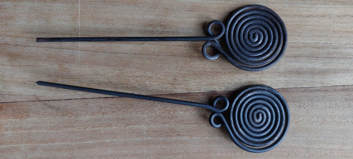 A couple of hand forged Iron Age hair pins made earlier, copied from original ones. Just need a brush over and the tips sharpening then good to go. Both just over 5 inches long. #IronAge #Celtic #Prehistory