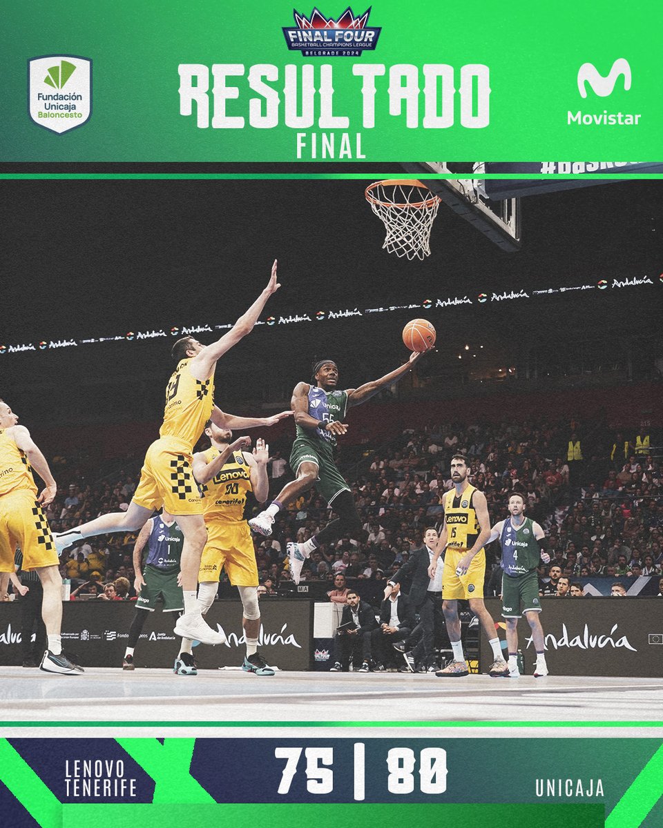 🚨 FINAL. ¡¡¡CAMPEONES DE LA @BasketballCL!!! 🏆 Final #FinalFour #BasketballCL 🆚 @CB1939Canarias 75-80 💚💜 #UnicajaLive #BecomeLegendary @movistar_es