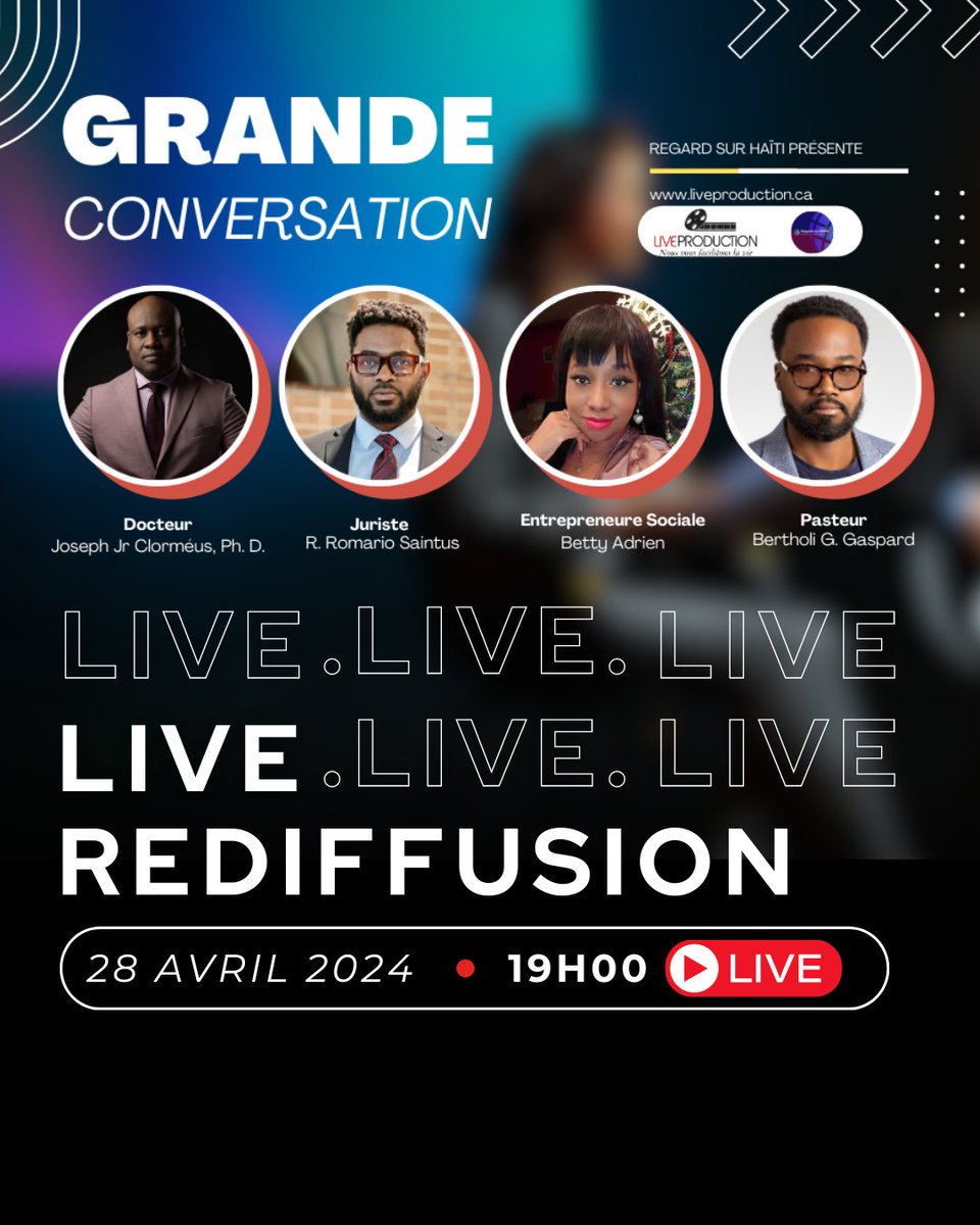 ✨ Annonce de Rediffusion en Direct 

À une demande générale, notre Grande Conversation sur 🇭🇹 sera rediffusée en direct sur nos pages de réseaux sociaux ce 28 avril à 19h.
Lire la suite ⤵️ 
facebook.com/share/p/6odUFP…

 #haiti #conference #regardsurhaiti #diaspora #crise #solutions