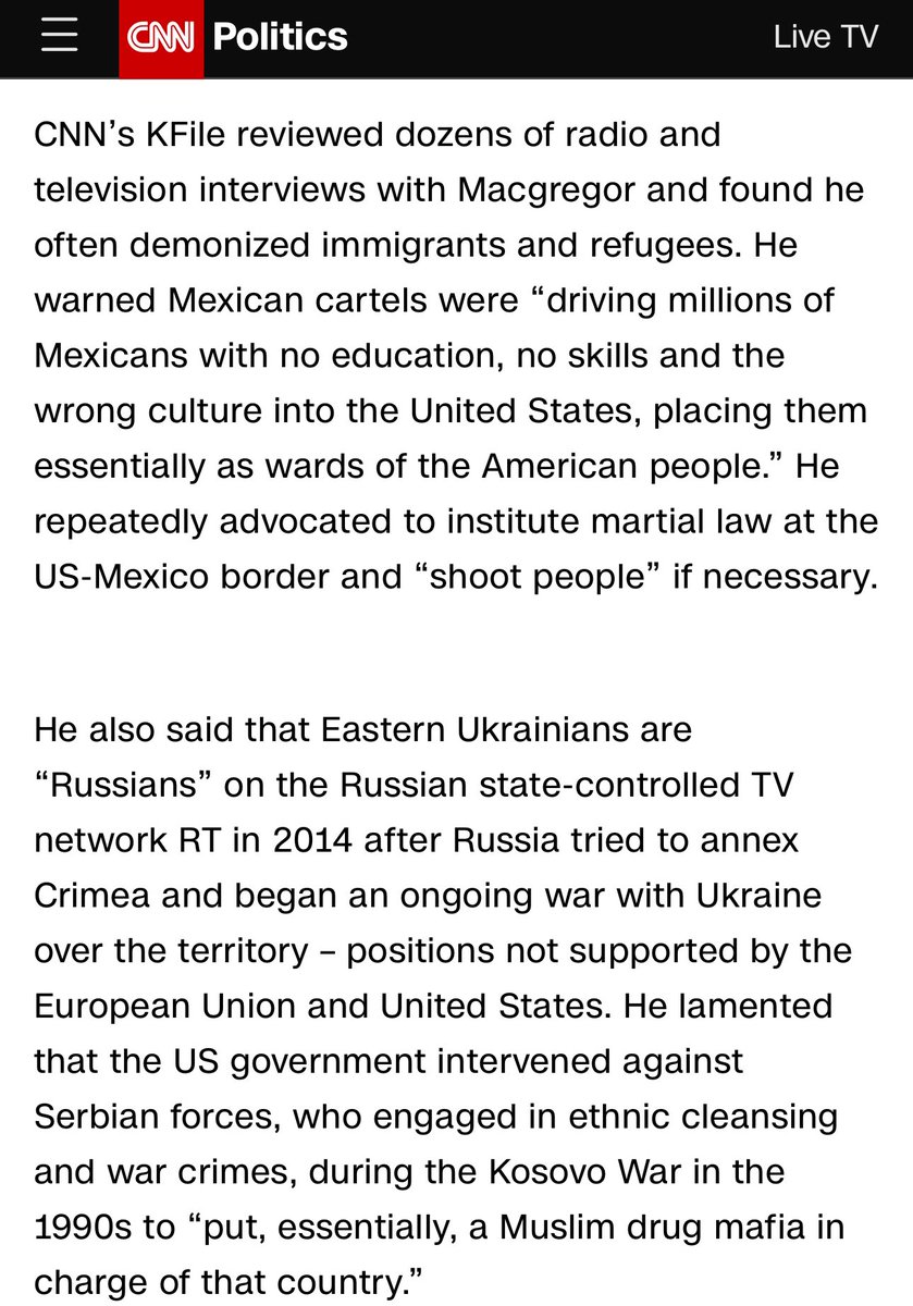 Retired Colonel MacGregor is long time sympathiser to Putin’s regime and once referred to Muslim refugees entering Germany as ‘unwanted invaders’ He also advocated for the establishment of Martial Law at the US southern boarder so that the army can ‘shoot as required’