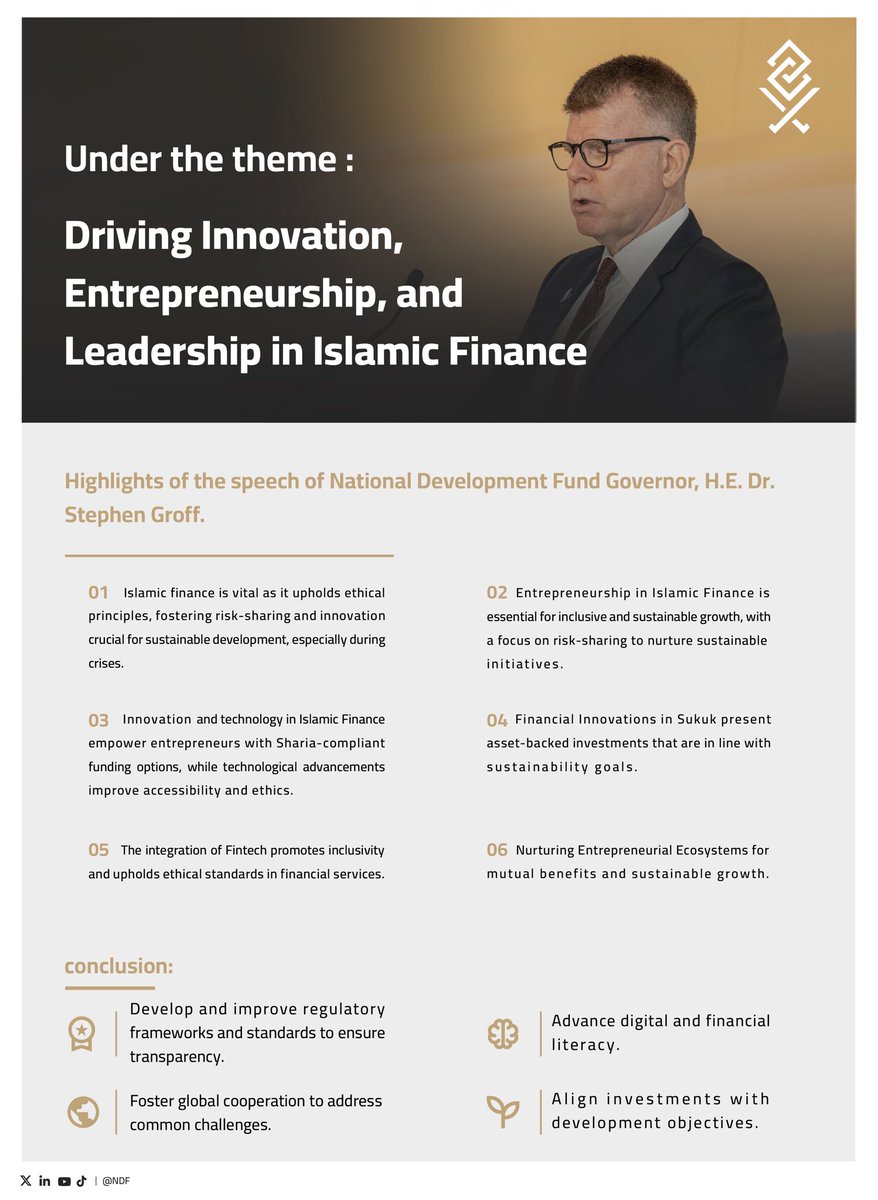 NDF's tweet photo. The Governor of NDF
@spgroff participated at the “Islamic Development Bank Group Private Sector Forum 2024”, where he emphasized the crucial role of innovation and entrepreneurship in Islamic finance for fostering sustainable development.

#IsDBAM2024 https://t.co/7UMfQBe9mD