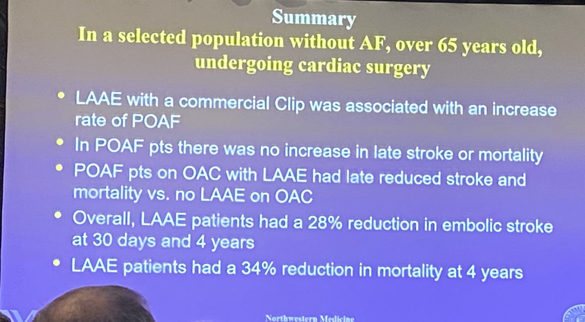 Provocative study by Dr McCarthy ⁦@NM_CTSurg⁩ and colleagues presented this morning showing benefit of preventative AtriClip in Medicare patients w/o Afib but with Chadsvasc 3 or more. #AATS2024 🇨🇦Toronto ⁦@AATSHQ⁩ ⚡️🫀📎👍