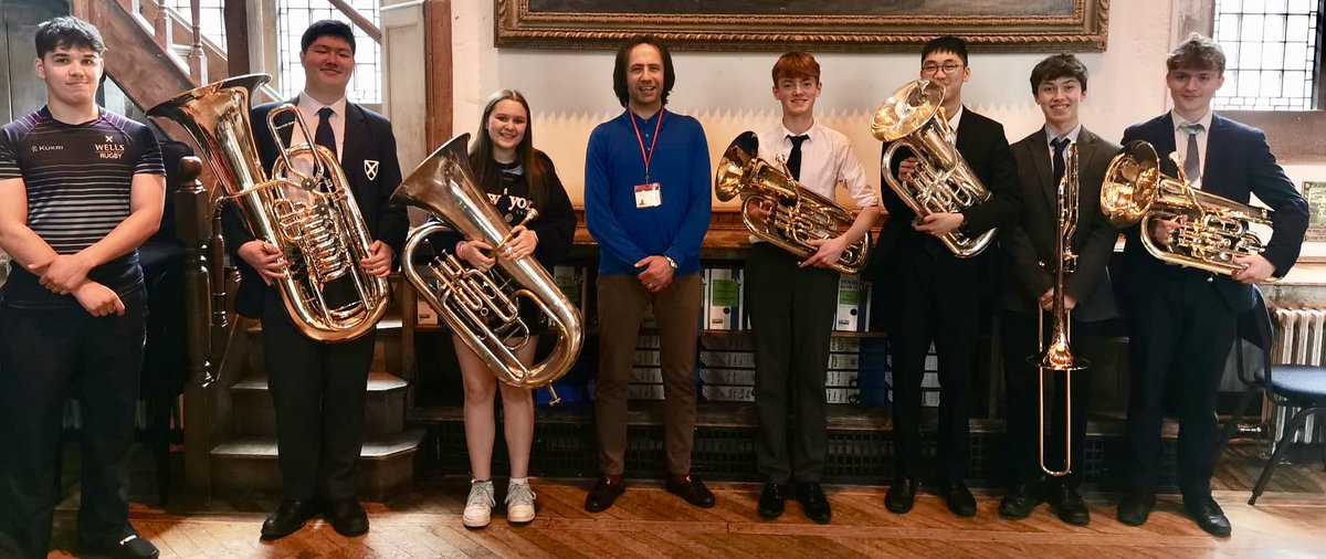 Great to welcome Dan Trodden, principal tuba of @BBCNOW & brass tutor @RWCMD to Wells for tuba & Low Brass Masterclasses. Tchaikovsky waltzes for 4 tubas and Holst's The Planets were amongst the tunes filling our 14th century recital hall with wonderfully resonant bass sounds!