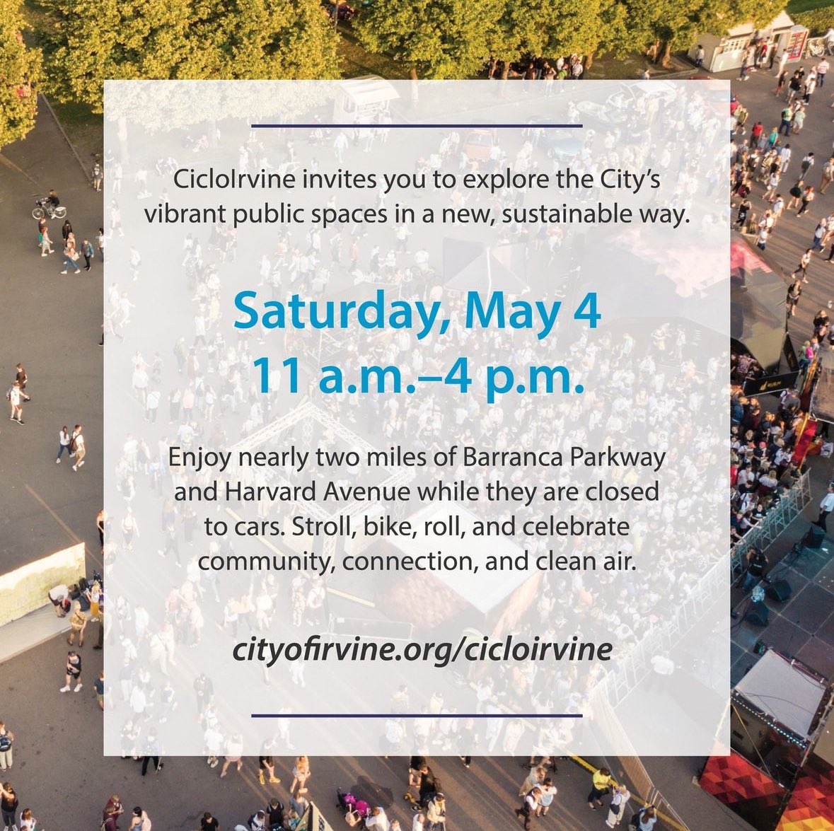 Get ready for Ciclorvine next weekend! Barranca Parkway and Harvard Avenue are transforming into car-free zones, inviting you to walk, cycle, skate, and enjoy the community. Don't miss out on the fun, whether you're cruising on wheels or strolling along – see you there!