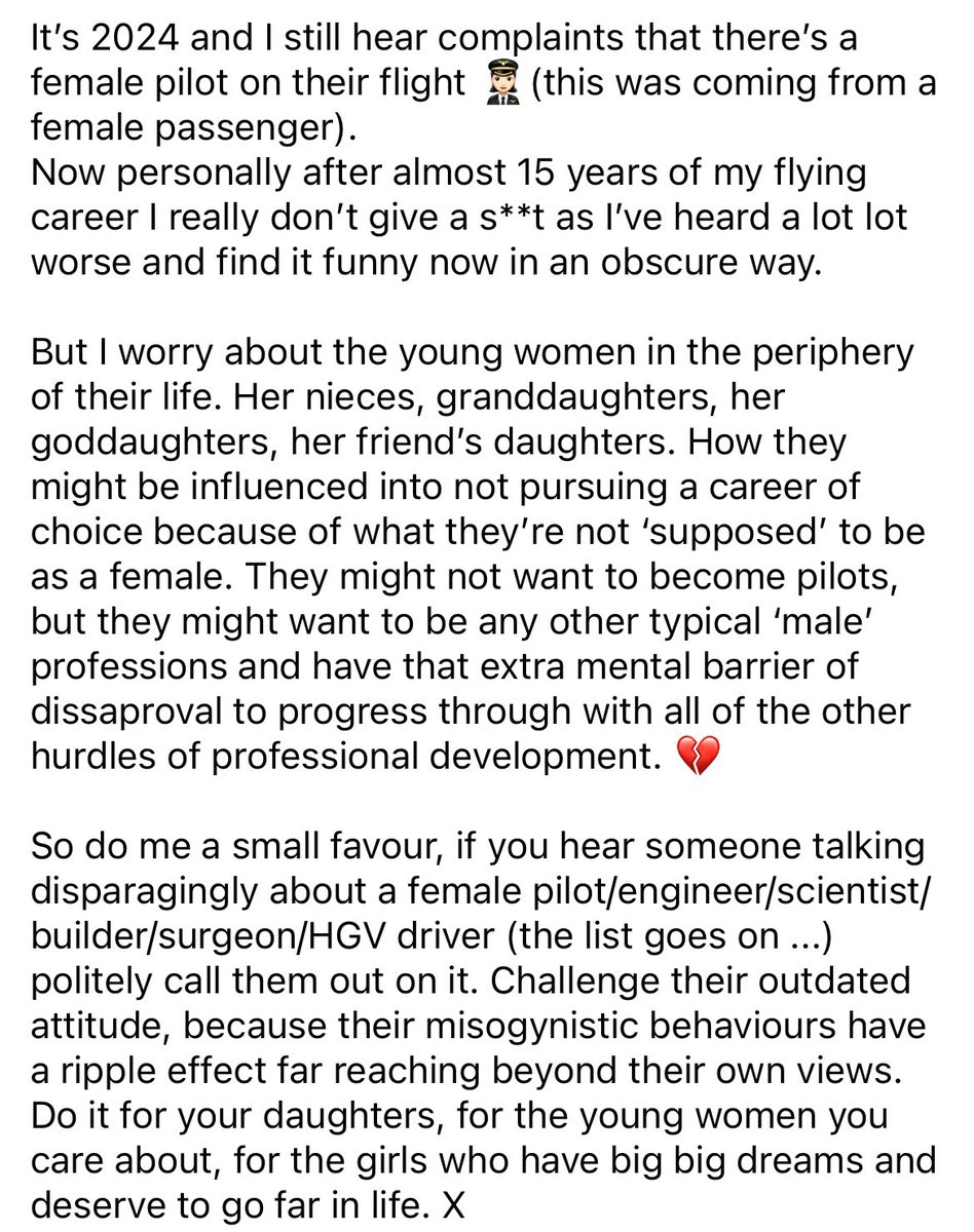 My wife, who’s a pilot flying 737s for a major airline, regularly gets misogynistic comments & ‘abuse’ from passengers she flies. In an industry that remains 95% male dominated, her message is an important one. Do have a read if you have a second
#pilotlife