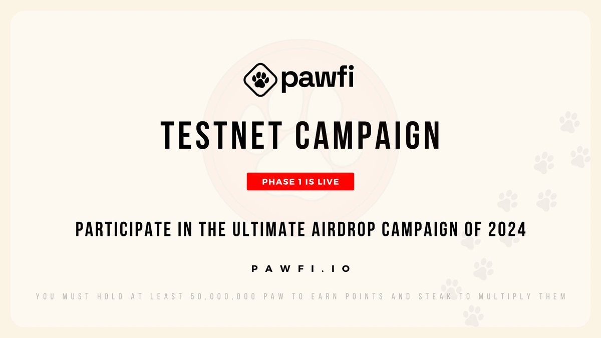 We’ve only begun and there are already so many amazing participants in the #PawFi testnet campaign.

In order to earn points you must hold at least 50m $PAW and can multiply your points with $STEAK.

This is an airdrop campaign you don’t want to miss.