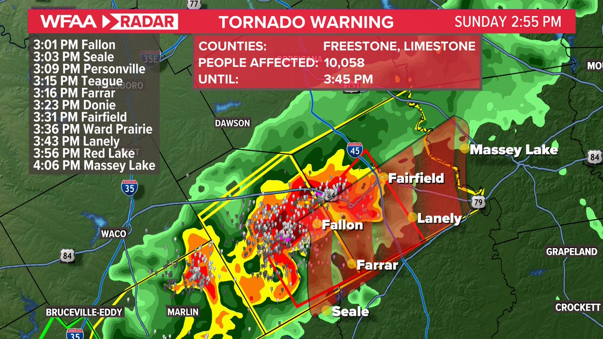 A tornado warning has been issued in Limestone and Freestone Counties. Spotters have reported a funnel in the warned area. #wfaaweather