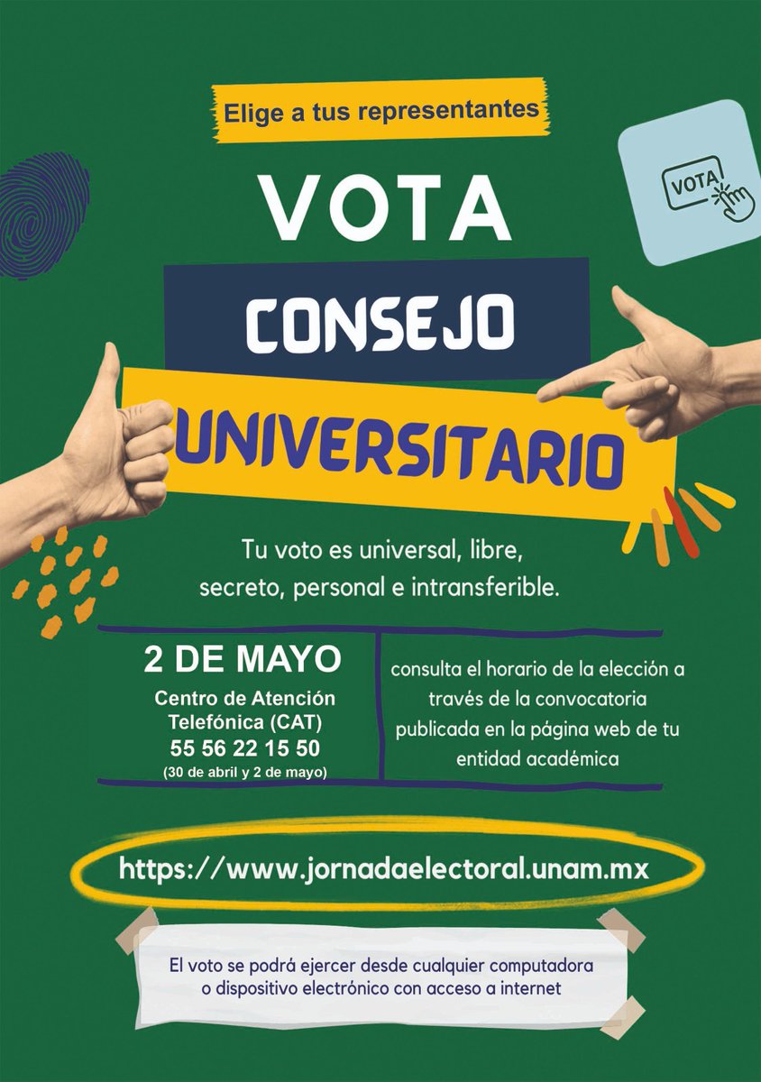 La votación para elegir a tus representantes en el #ConsejoUniversitarioUNAM se llevarán a cabo el jueves 2 de mayo. ¡Ejerce tu derecho al voto! 👇