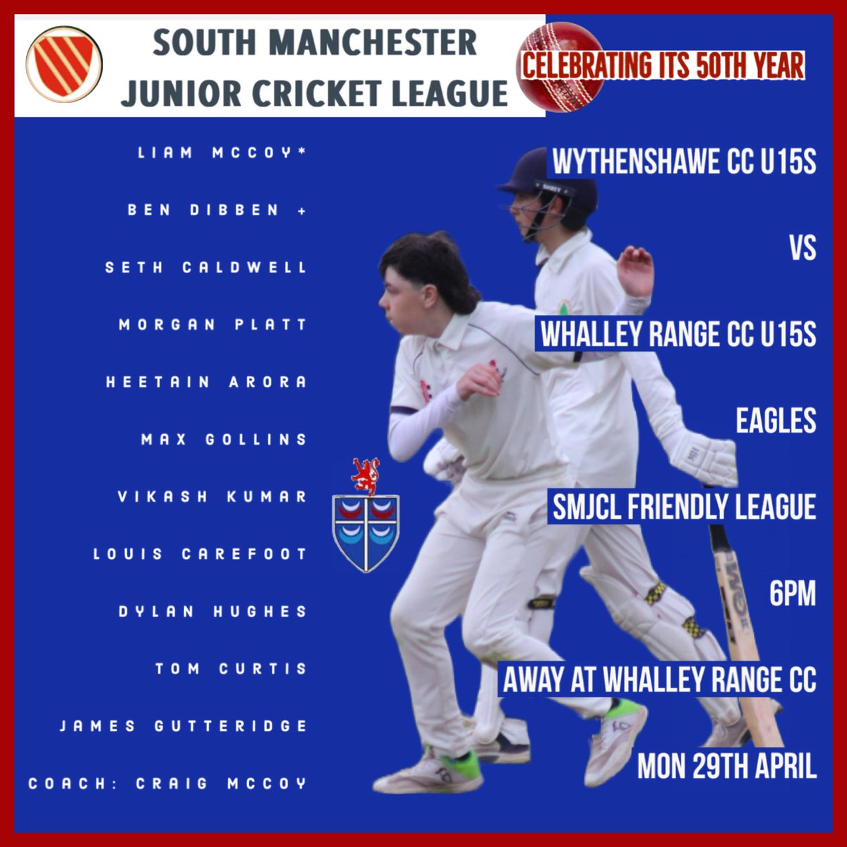 We’re all hoping it’ll be 3rd time lucky tomorrow evening 🤞to get Wythenshawe CC’s Jnr/Youth @smanjcl season up & running! U15s away @WhalleyRangeCC U15s Eagles 6pm start 🏏 Hoping the weather plays fair this time🤞 Players contacts keep Spond notifications on just in case!📱🔴