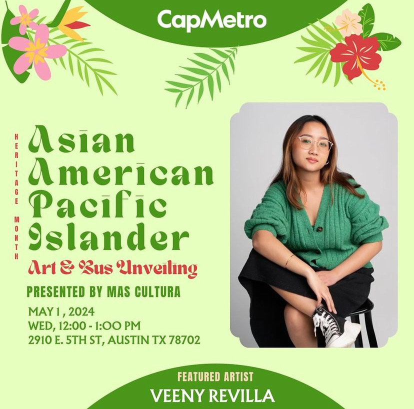Join #CapMetro & MAS Cultura as we unveil a tribute to #AAPIHeritageMonth! Get connected with the community and meet Veeny Revilla, the Ausitn-based illustrator behind our new bus wrap celebrating her Filipino culture.