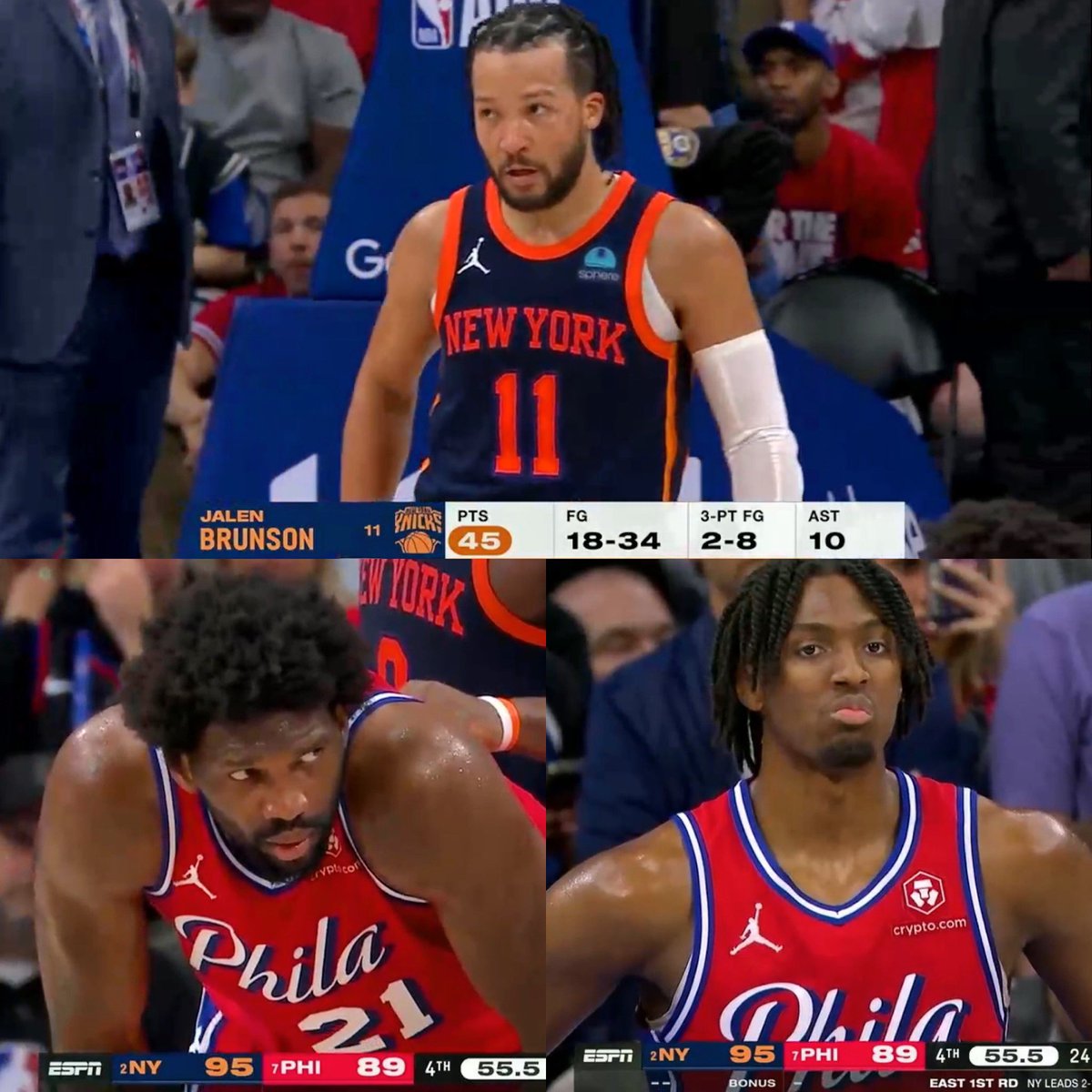 The Sixers might be in trouble. That game 2 loss will come back to haunt them. They've dared the shooters to beat them when they hound Brunson and today they stay at home with the shooters and Brunson killed them. Tough.
